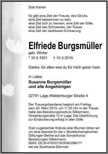 Anzeige  Elfriede Burgsmüller  Lippische Landes-Zeitung