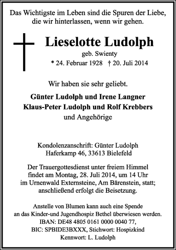 Anzeige  Lieeslotte Ludolph  Lippische Landes-Zeitung