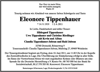 Anzeige  Eleonore Tippenhauer  Lippische Landes-Zeitung