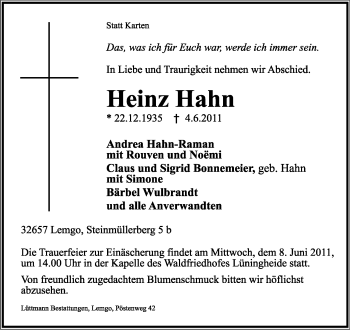 Anzeige  Heinz Hahn  Lippische Landes-Zeitung