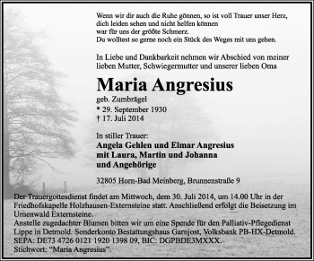 Anzeige  Maria Angresius  Lippische Landes-Zeitung