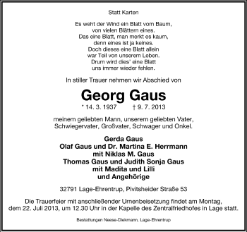 Anzeige  Georg Gaus  Lippische Landes-Zeitung