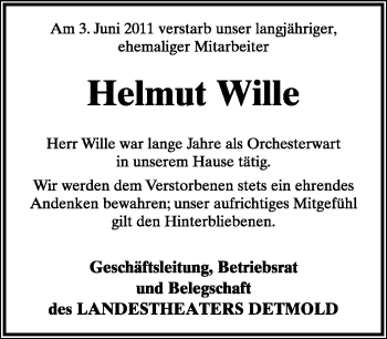 Anzeige  Helmut Wille  Lippische Landes-Zeitung