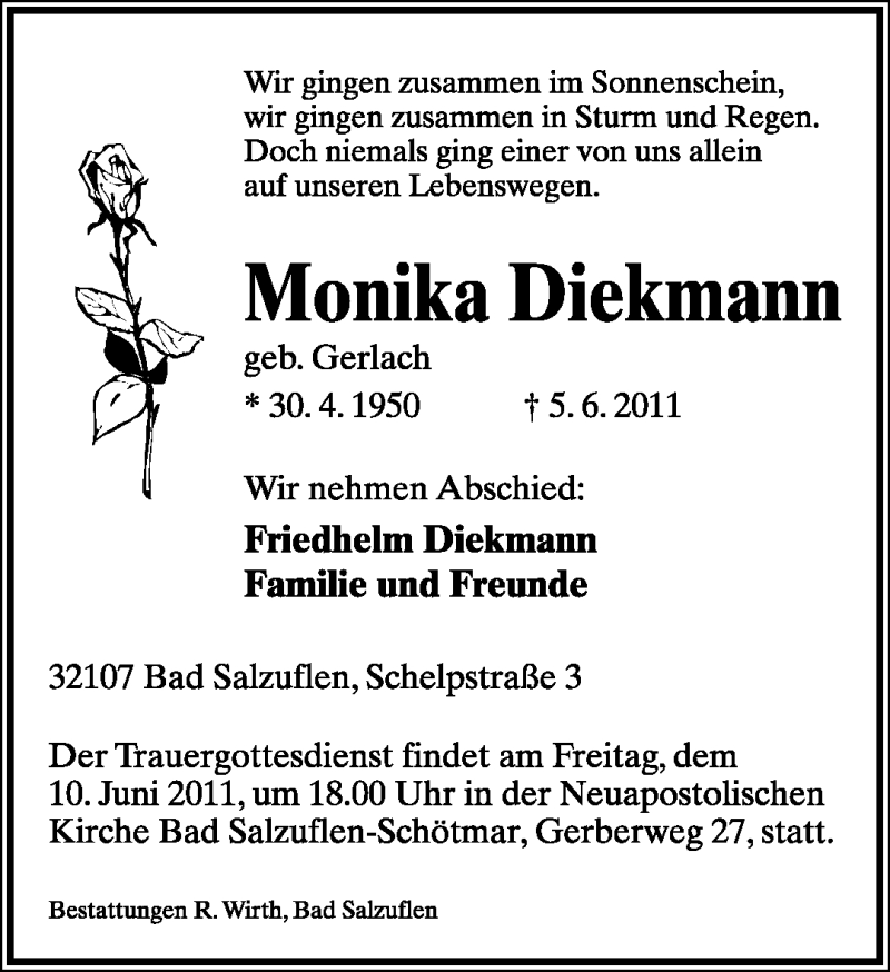  Traueranzeige für Monika Diekmann vom 07.06.2011 aus Lippische Landes-Zeitung