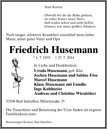 Anzeige  Friedrich Husemann  Lippische Landes-Zeitung
