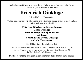 Anzeige  Friedrich Dinklage  Lippische Landes-Zeitung