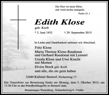 Anzeige  Edith Klose  Lippische Landes-Zeitung