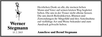Anzeige  Werner Stegmann  Lippische Landes-Zeitung