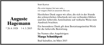 Anzeige  Auguste Hagemann  Lippische Landes-Zeitung