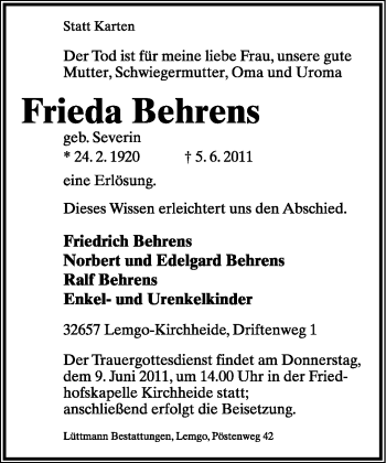 Anzeige  Frieda Behrens  Lippische Landes-Zeitung
