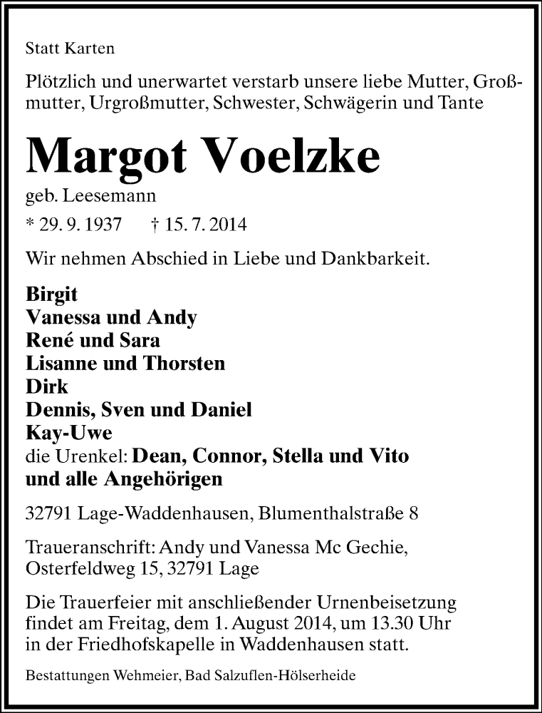  Traueranzeige für Margot Voelzke vom 26.07.2014 aus Lippische Landes-Zeitung