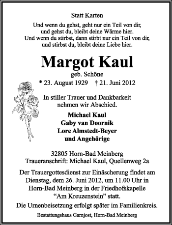Anzeige  Margot Kaul  Lippische Landes-Zeitung