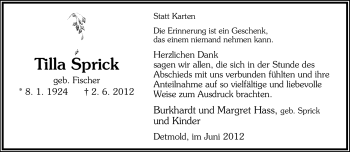 Anzeige  Tilla Sprick  Lippische Landes-Zeitung