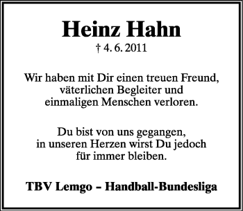 Anzeige  Heinz Hahn  Lippische Landes-Zeitung