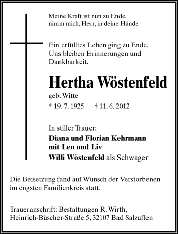 Anzeige  Hertha Wöstenfeld  Lippische Landes-Zeitung