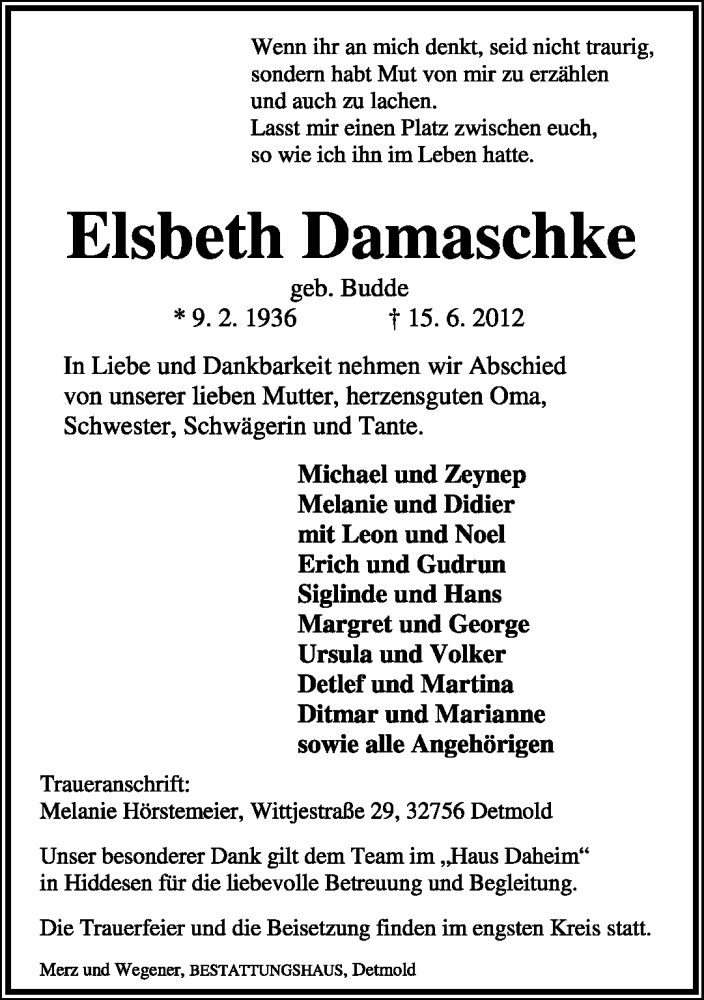  Traueranzeige für Elsbeth Damaschke vom 23.06.2012 aus Lippische Landes-Zeitung