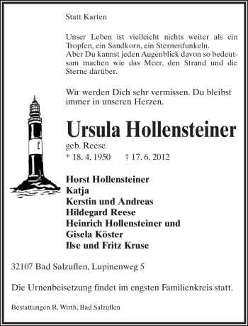 Anzeige  Ursula Hollensteiner  Lippische Landes-Zeitung