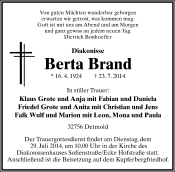 Anzeige  Berta Brand  Lippische Landes-Zeitung