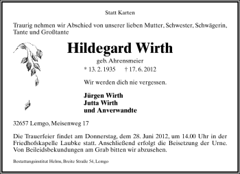 Anzeige  Hildegard Wirth  Lippische Landes-Zeitung