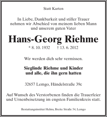 Anzeige  Hans-Georg Riehme  Lippische Landes-Zeitung