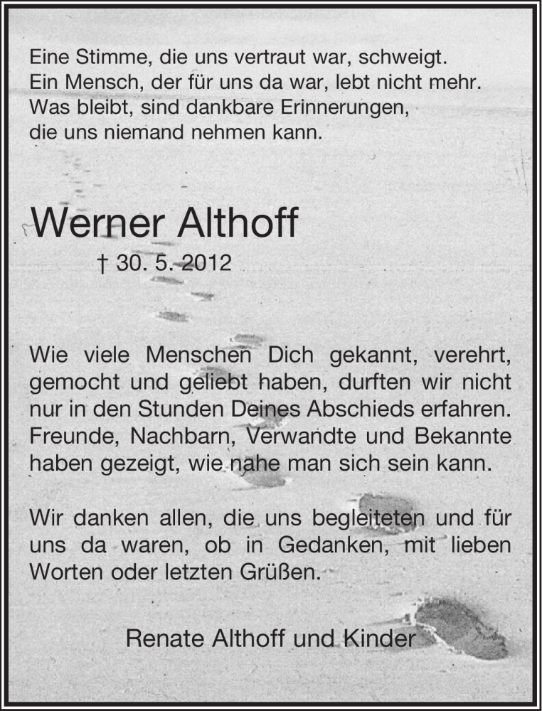  Traueranzeige für Werner Althoff vom 23.06.2012 aus Lippische Landes-Zeitung