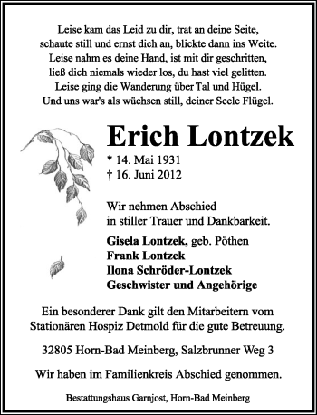 Anzeige  Erich Lontzek  Lippische Landes-Zeitung