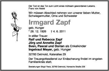Anzeige  Irmgard Zapf  Lippische Landes-Zeitung