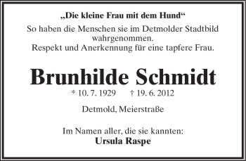 Anzeige  Brunhilde Schmidt  Lippische Landes-Zeitung