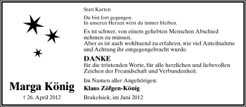 Anzeige  Marga König  Lippische Landes-Zeitung