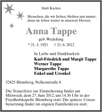 Anzeige  Anna Tappe  Lippische Landes-Zeitung