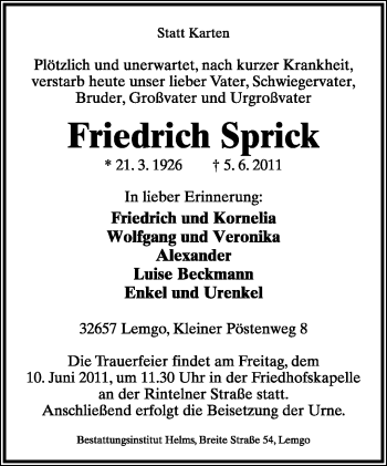 Anzeige  Friedrich Sprick  Lippische Landes-Zeitung