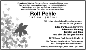 Anzeige  Rolf Pehle  Lippische Landes-Zeitung