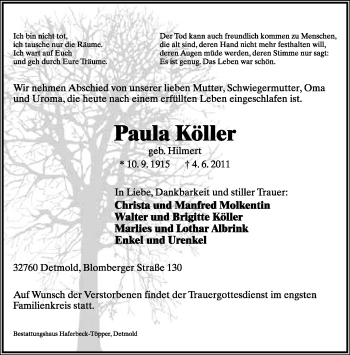 Anzeige  Paula Köller  Lippische Landes-Zeitung