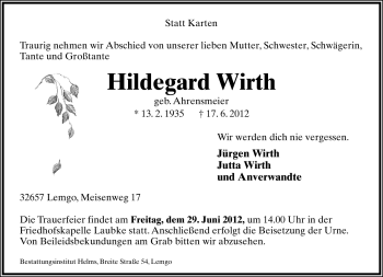 Anzeige  Hildegard Wirth  Lippische Landes-Zeitung