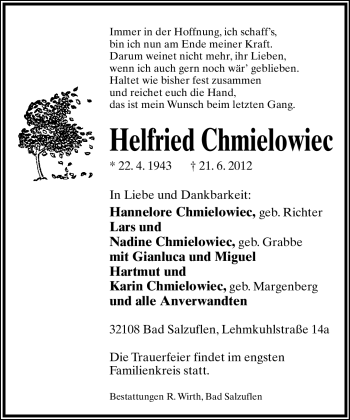 Anzeige  Helfried Chmielowiec  Lippische Landes-Zeitung