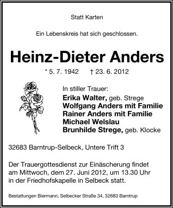 Anzeige  Heinz-Dieter Anders  Lippische Landes-Zeitung