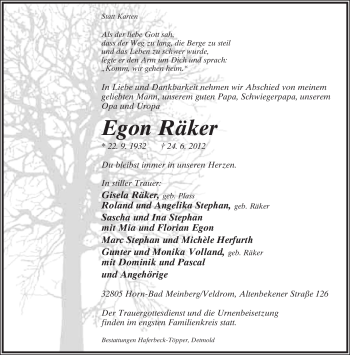 Anzeige  Egon Räker  Lippische Landes-Zeitung