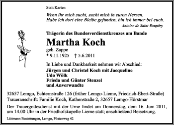 Anzeige  Martha Koch  Lippische Landes-Zeitung