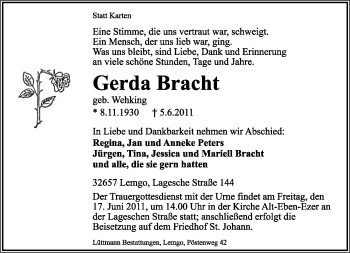 Anzeige  Gerda Bracht  Lippische Landes-Zeitung