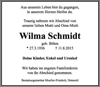 Anzeige  Wilma Schmidt  Lippische Landes-Zeitung