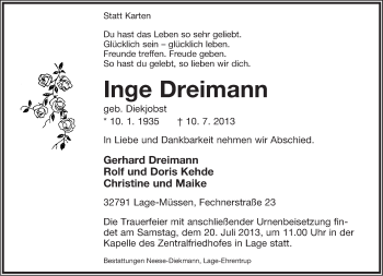 Anzeige  Inge Dreimann  Lippische Landes-Zeitung