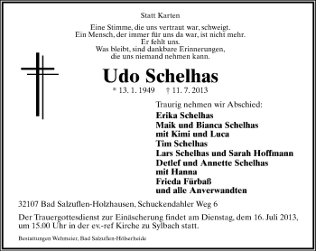 Anzeige  Udo Schelhas  Lippische Landes-Zeitung