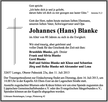 Anzeige  Johannes Blanke  Lippische Landes-Zeitung