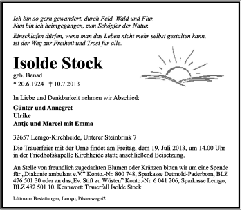 Anzeige  Isolde Stock  Lippische Landes-Zeitung