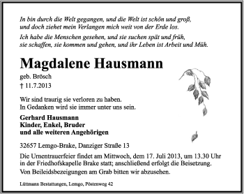 Anzeige  Magdalene Hausmann  Lippische Landes-Zeitung