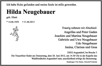 Anzeige  Hilda Neugebauer  Lippische Landes-Zeitung