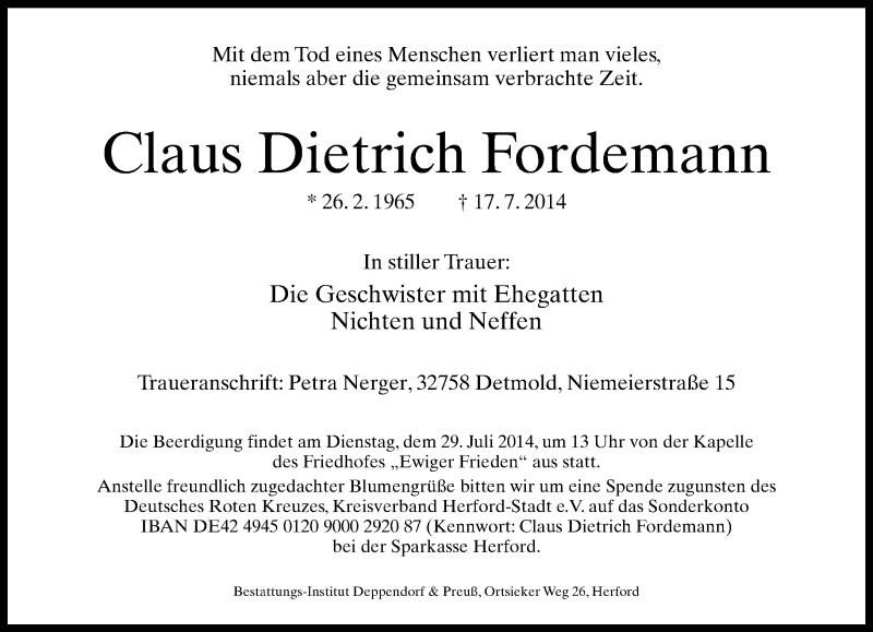  Traueranzeige für Claus Dietrich Fordemann vom 26.07.2014 aus Lippische Landes-Zeitung