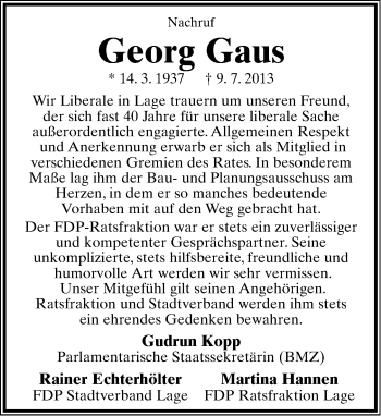 Anzeige  Georg Gaus  Lippische Landes-Zeitung