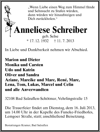 Anzeige  Anneliese Schreiber  Lippische Landes-Zeitung