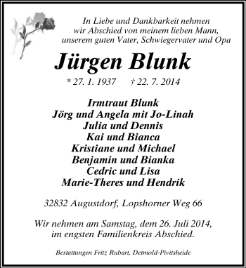 Anzeige  Jürgen Blunk  Lippische Landes-Zeitung
